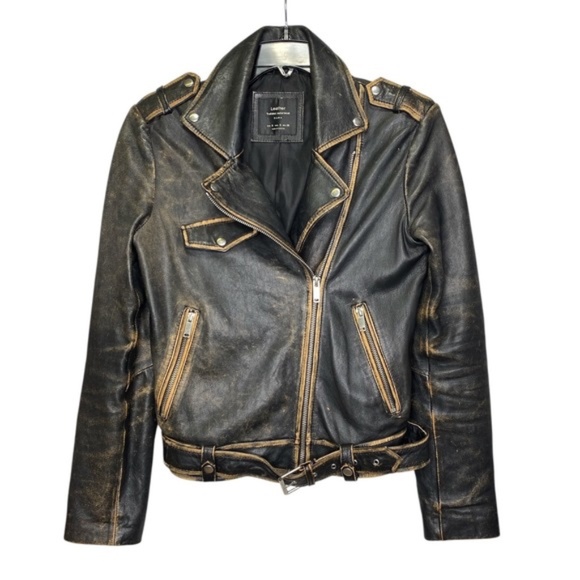 Zara‎ Trafaluc Lamb Leather Moto Biker Jacket Distressed Patina Black Sz. L - Picture 1 of 4